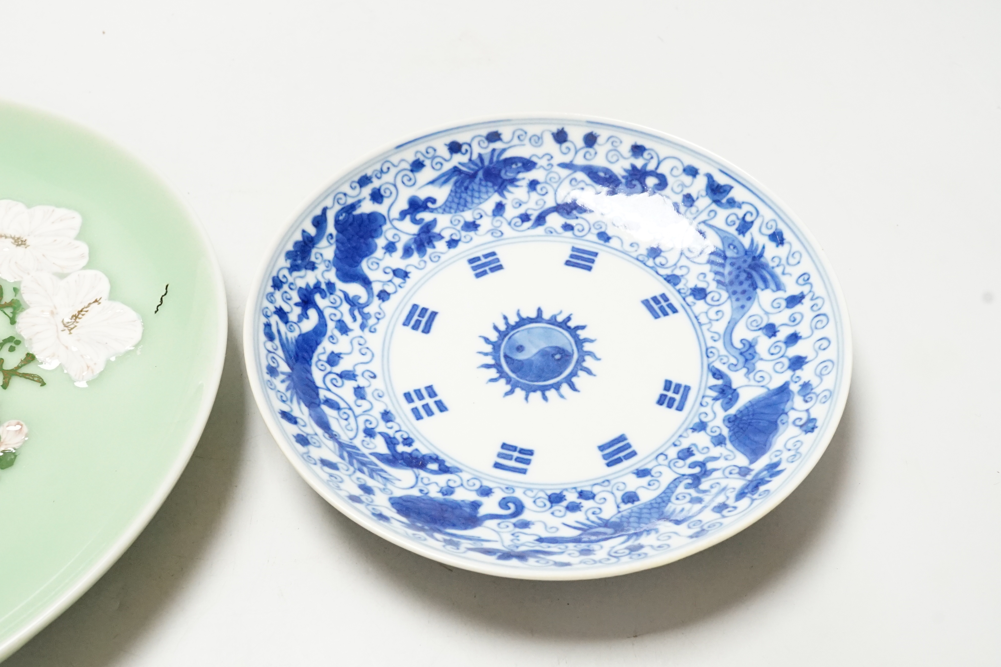 A Japanese celadon ground dish and a Chinese blue and white dish, largest 22cm diameter